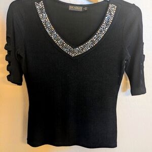 Piccadilly V-Neck Rhinestone Top with Sexy Open Sleeves Small